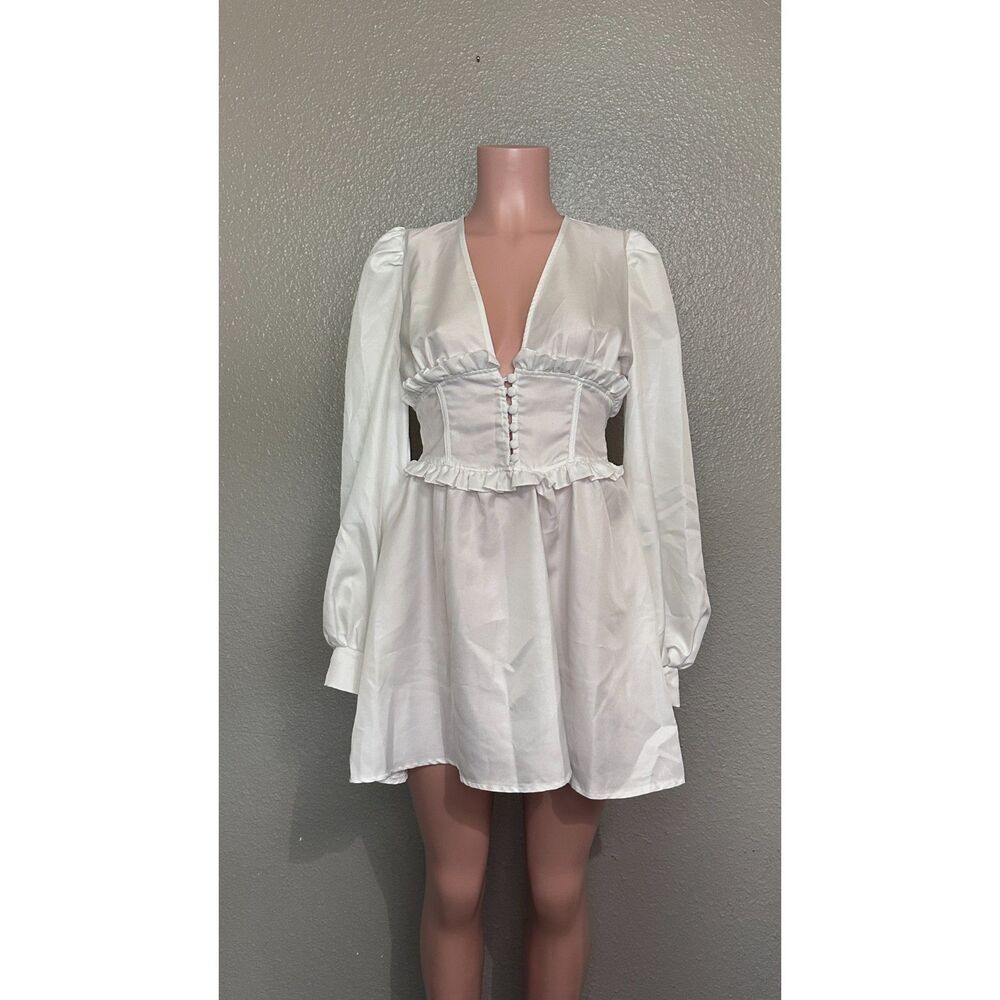 PrettyLittleThing White Corset Long Sleeve Dress Size 4